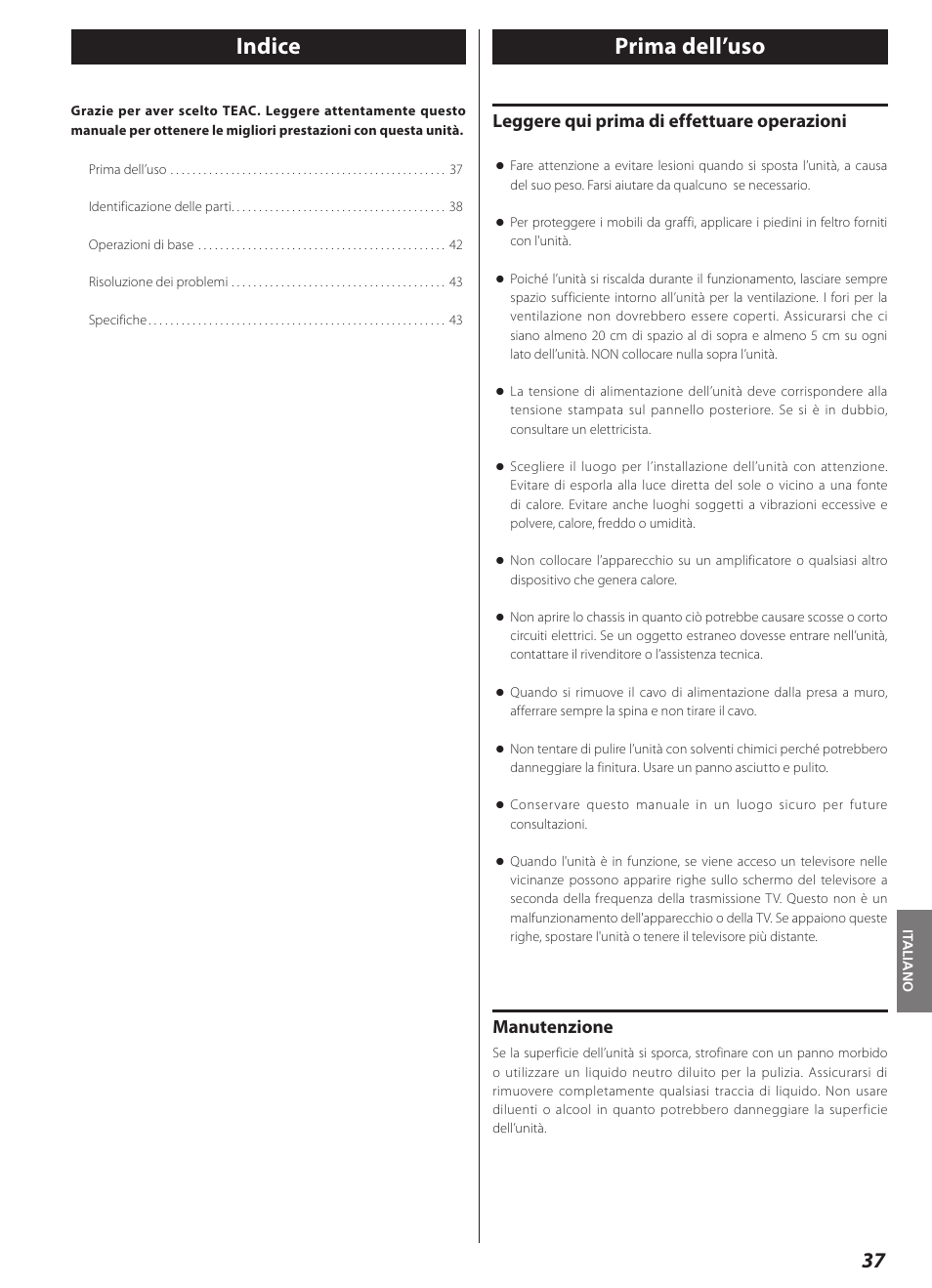 Italiano, Prima dell’uso, Indice prima dell’uso | Leggere qui prima di effettuare operazioni, Manutenzione | Teac AI-3000 User Manual | Page 37 / 52