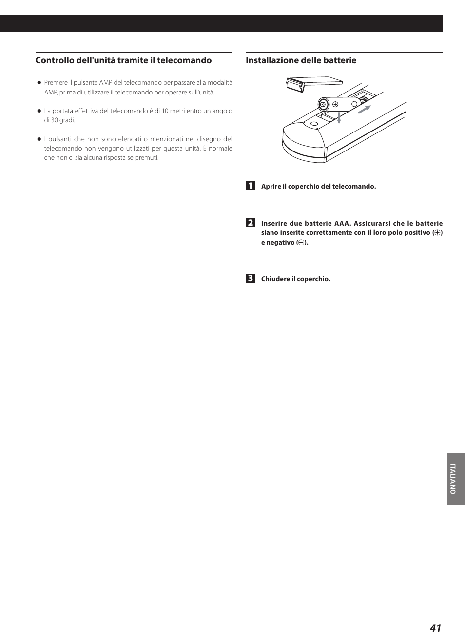 Installazione delle batterie 1, Controllo dell'unità tramite il telecomando | Teac AI-3000 User Manual | Page 41 / 52