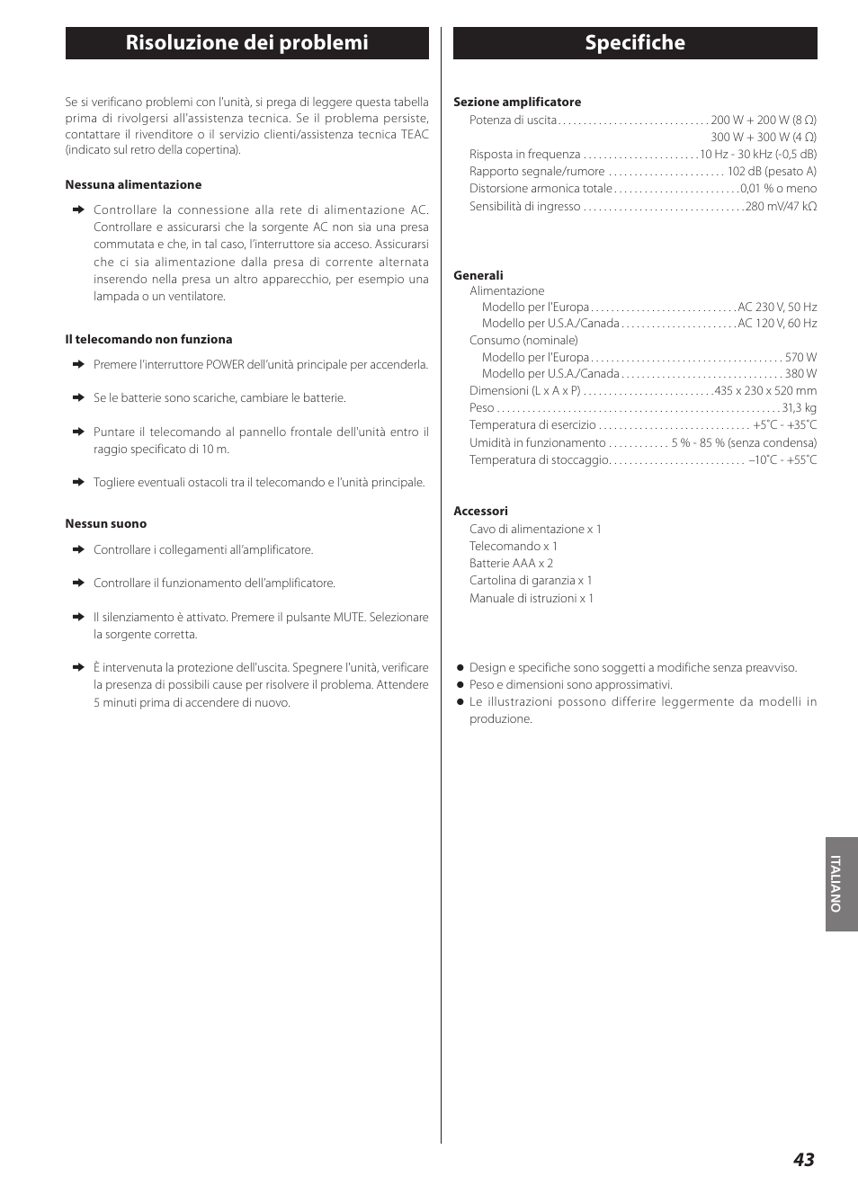 Risoluzione dei problemi, Specifiche, Risoluzione dei problemi specifiche | Teac AI-3000 User Manual | Page 43 / 52