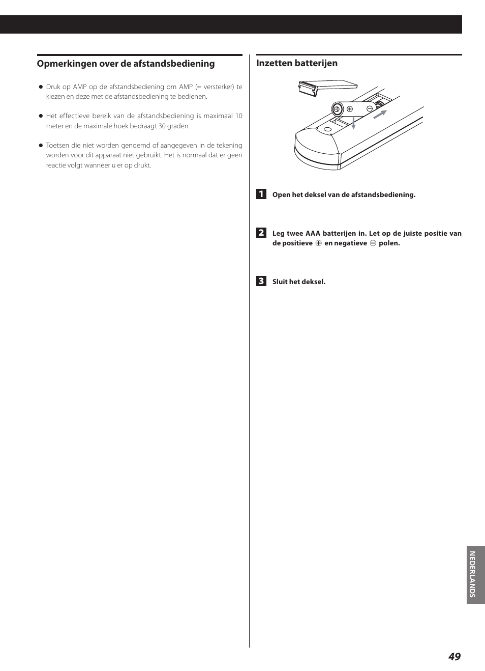 Inzetten batterijen 1, Opmerkingen over de afstandsbediening | Teac AI-3000 User Manual | Page 49 / 52