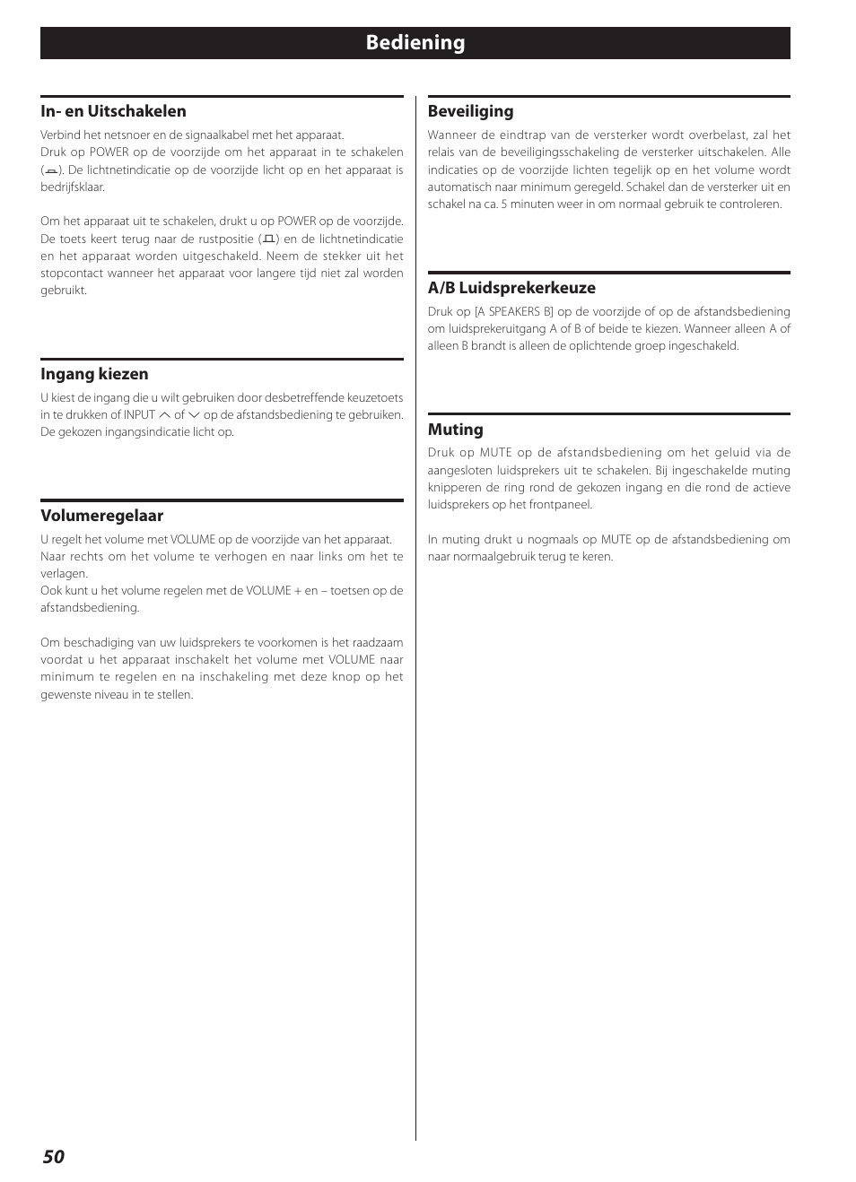 Bediening | Teac AI-3000 User Manual | Page 50 / 52