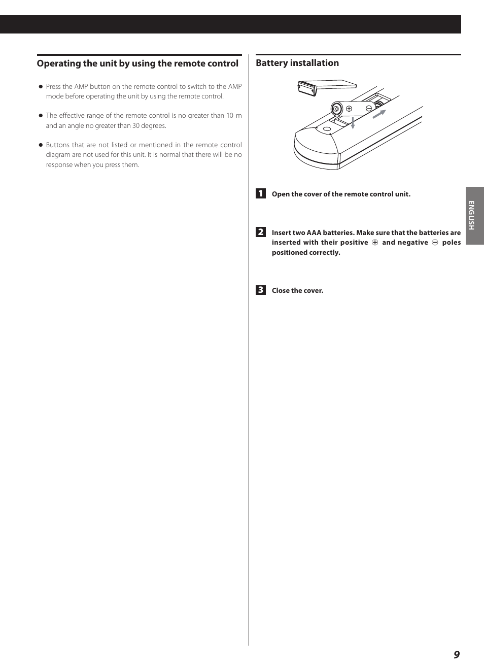 Battery installation 1, Operating the unit by using the remote control | Teac AI-3000 User Manual | Page 9 / 52
