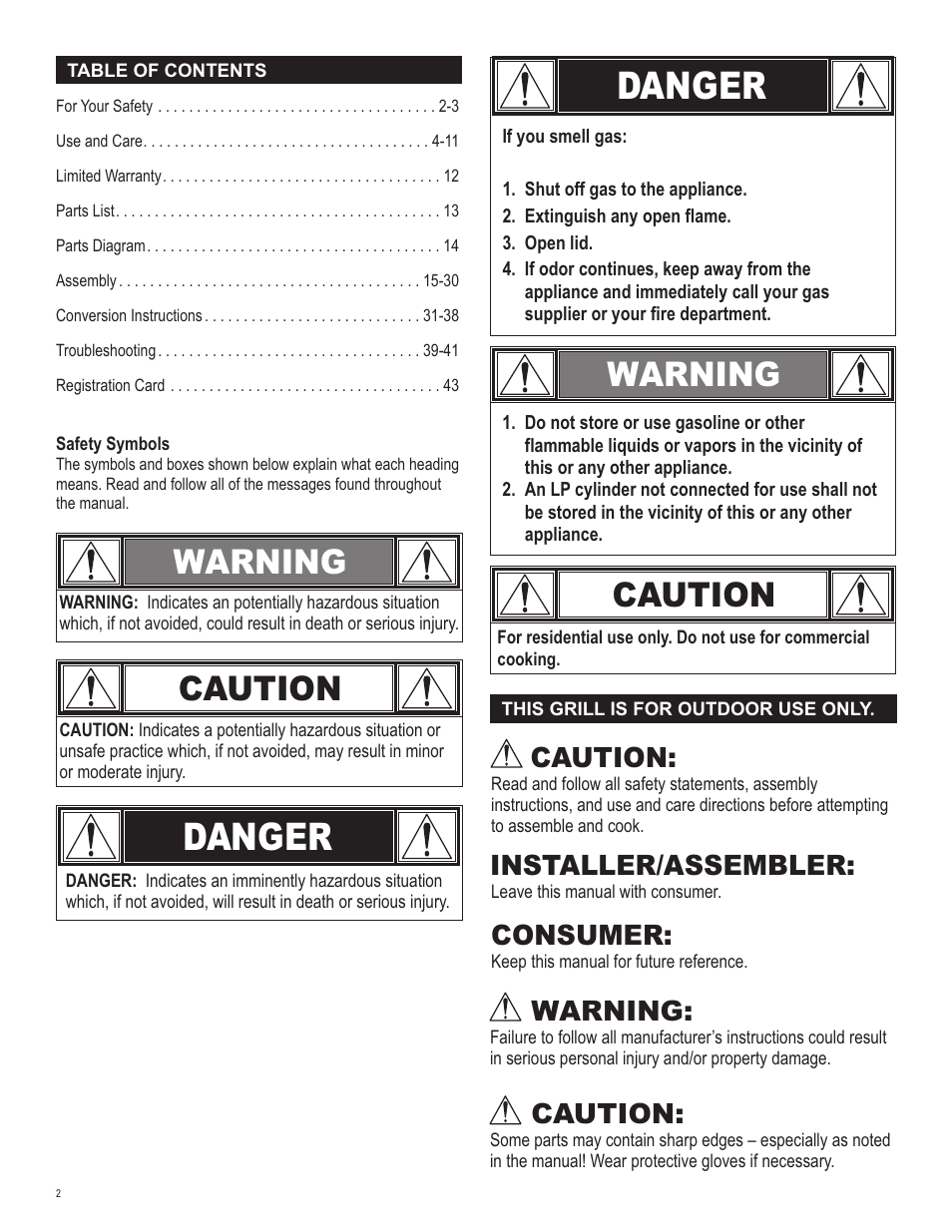 Danger, Warning caution, Warning | Caution, Installer/assembler, Consumer | Char-Broil RED 463250811 User Manual | Page 2 / 44