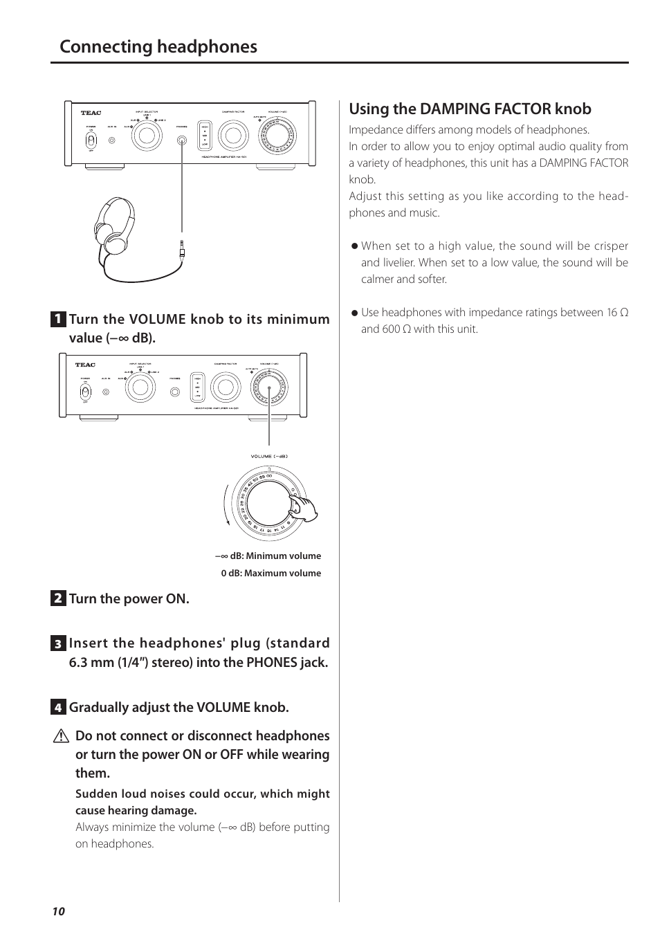 Connecting headphones, Using the damping factor knob | Teac HA-501 User Manual | Page 10 / 36