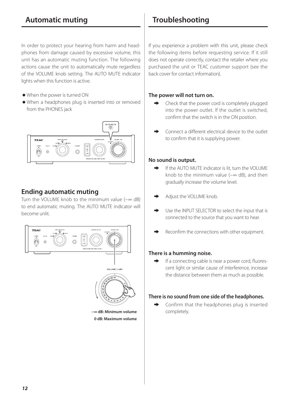 Automatic muting, Troubleshooting, Troubleshooting automatic muting | Ending automatic muting | Teac HA-501 User Manual | Page 12 / 36