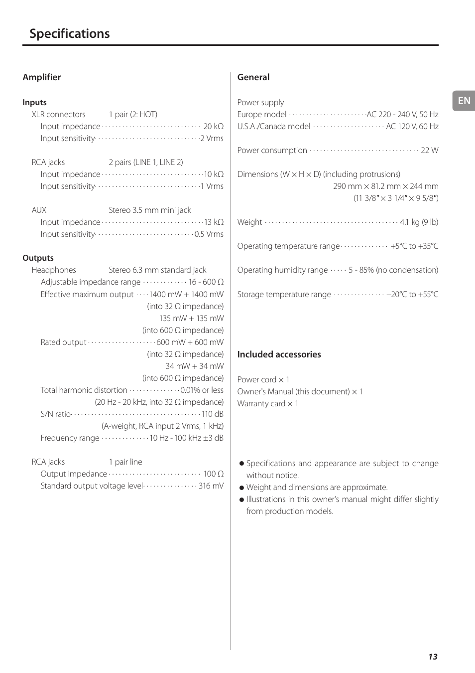 Specifications | Teac HA-501 User Manual | Page 13 / 36