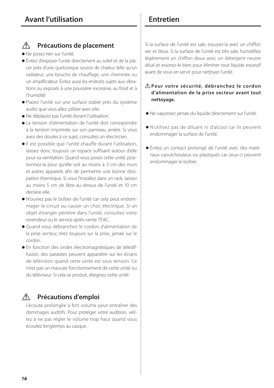 Avant l’utilisation, Entretien, Avant l’utilisation entretien | Vprécautions de placement, Vprécautions d'emploi | Teac HA-501 User Manual | Page 16 / 36