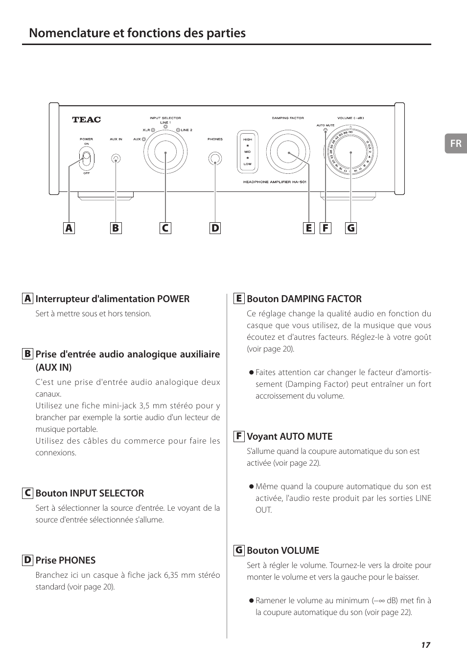 Nomenclature et fonctions des parties | Teac HA-501 User Manual | Page 17 / 36