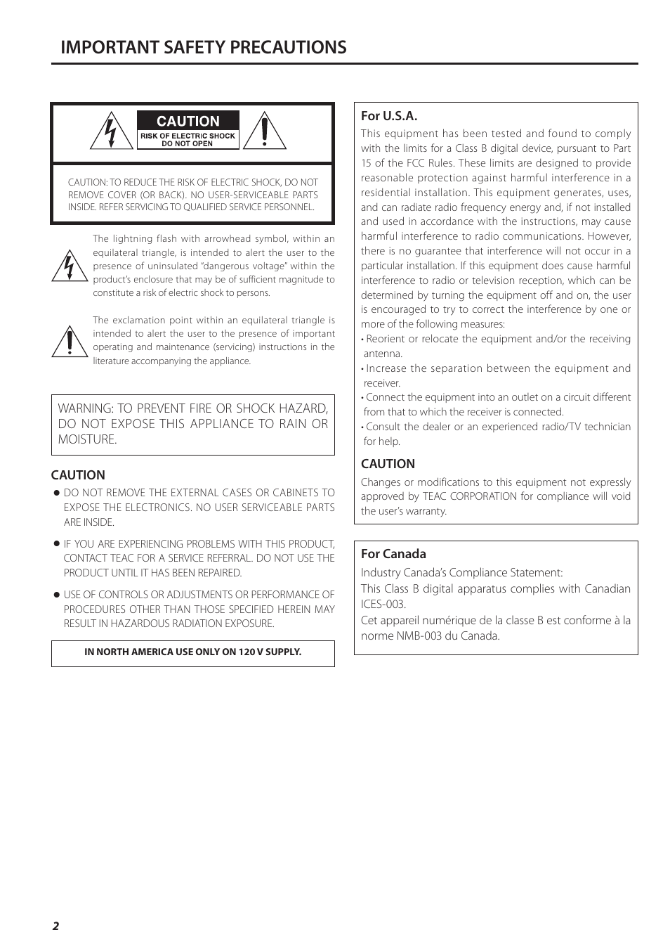 Important safety precautions | Teac HA-501 User Manual | Page 2 / 36