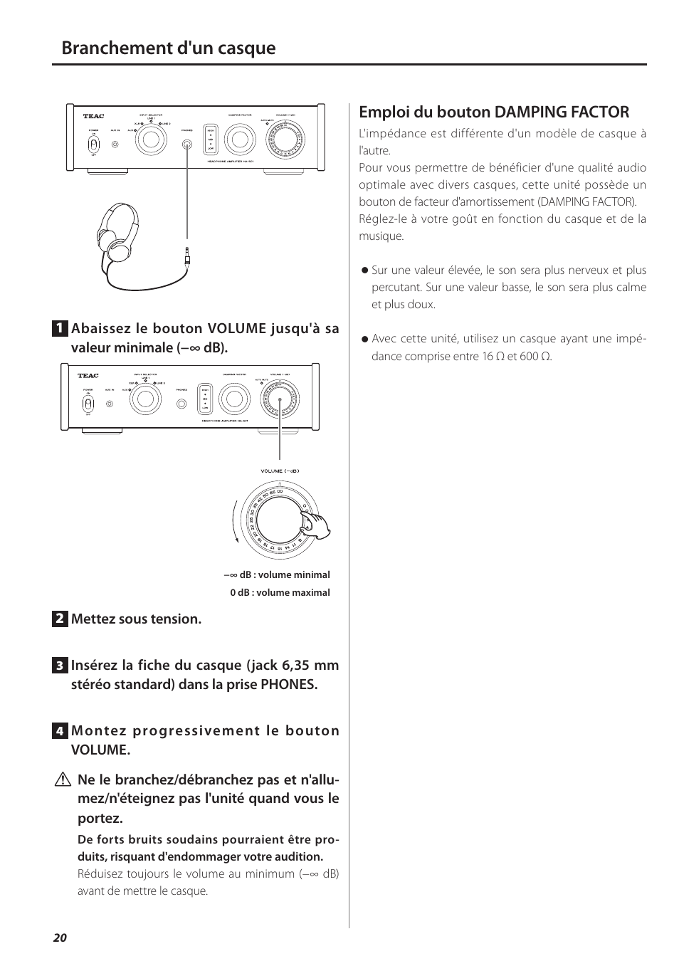 Branchement d'un casque, E 20, Emploi du bouton damping factor | Teac HA-501 User Manual | Page 20 / 36