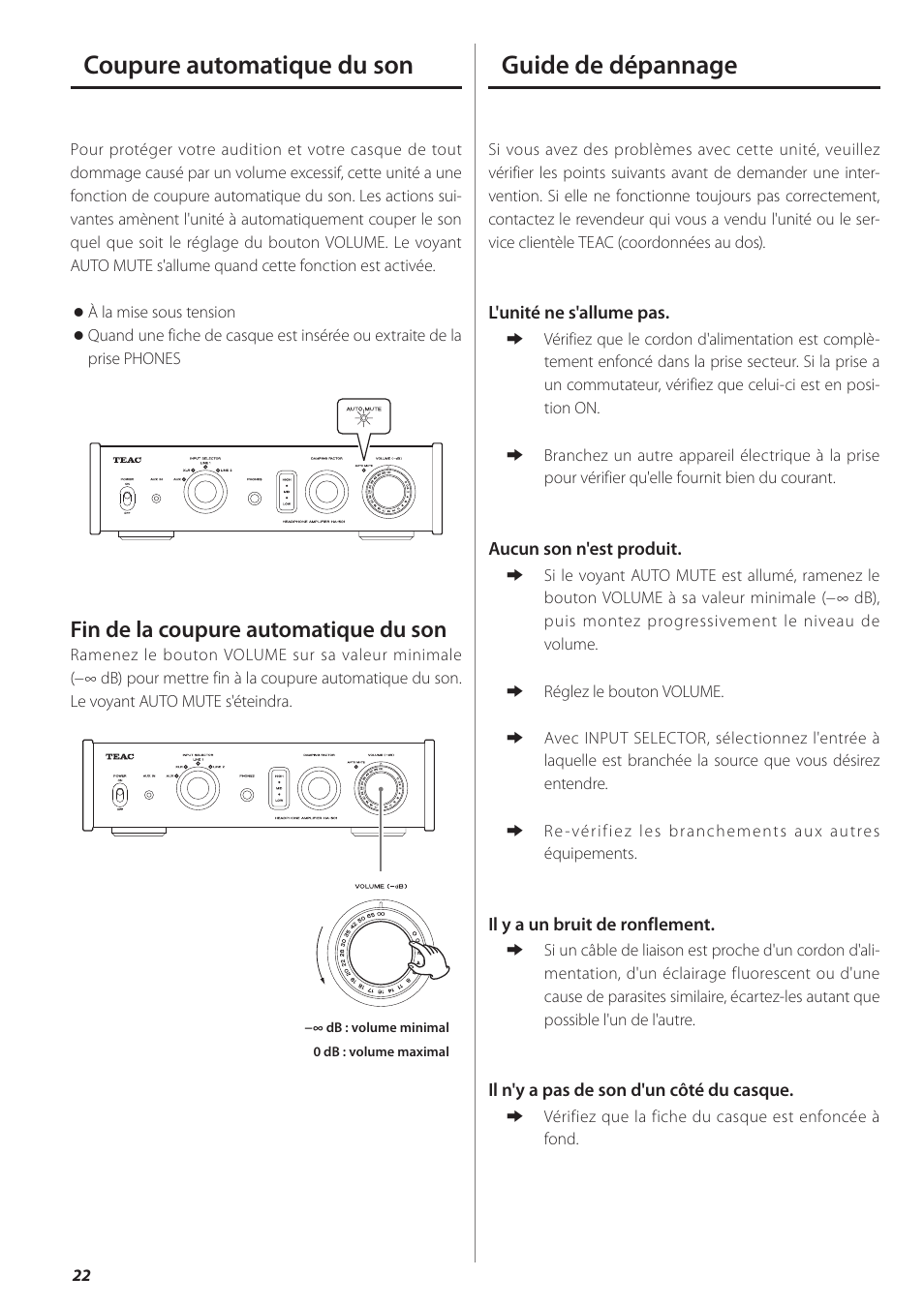 Coupure automatique du son, Guide de dépannage, E 22 | Guide de dépannage coupure automatique du son, Fin de la coupure automatique du son | Teac HA-501 User Manual | Page 22 / 36