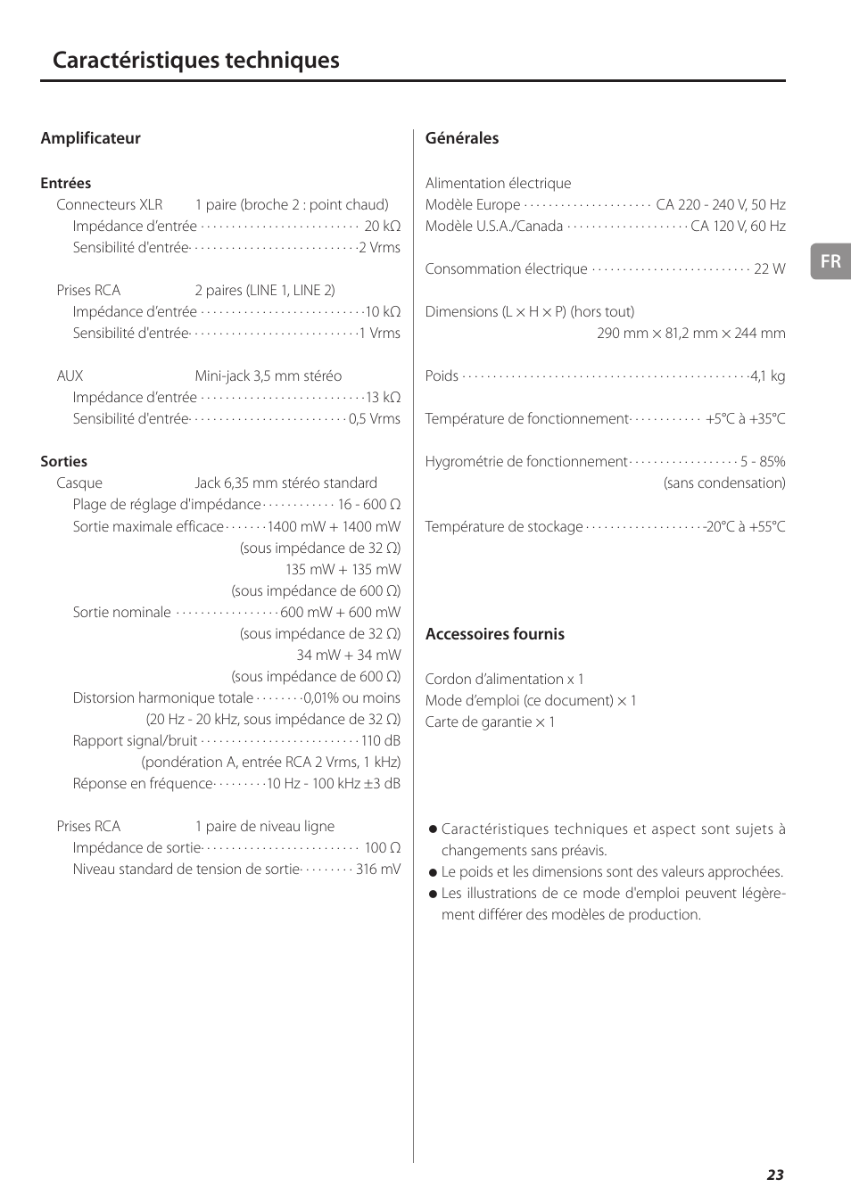 Caractéristiques techniques | Teac HA-501 User Manual | Page 23 / 36