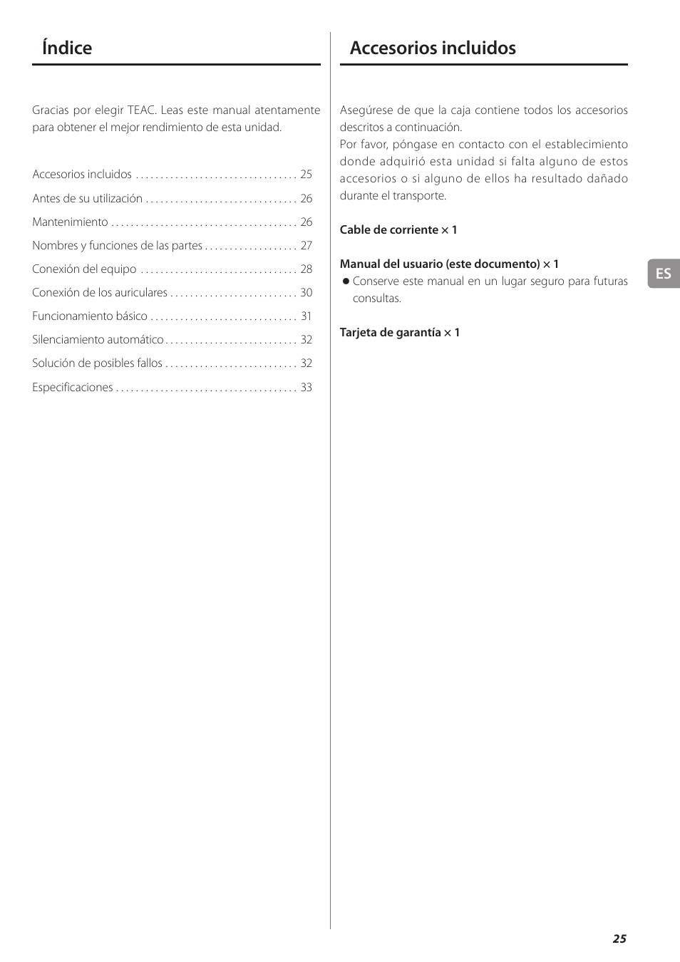 Accesorios incluidos, Índice | Teac HA-501 User Manual | Page 25 / 36