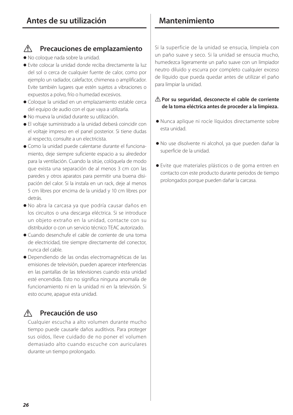 Antes de su utilización, Mantenimiento, Antes de su utilización mantenimiento | Vprecauciones de emplazamiento, Vprecaución de uso | Teac HA-501 User Manual | Page 26 / 36