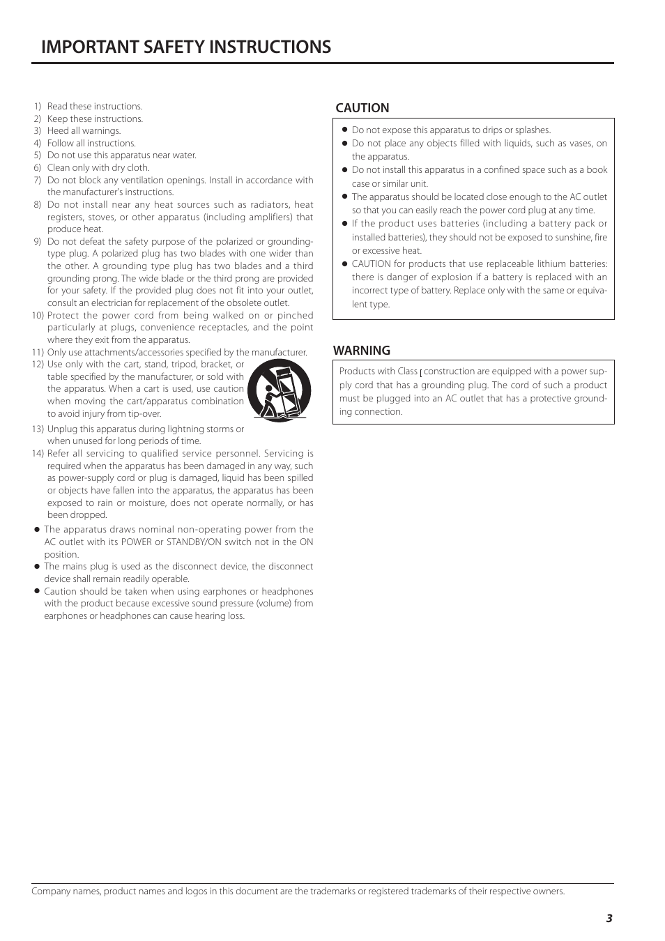 Important safety instructions, Caution warning | Teac HA-501 User Manual | Page 3 / 36