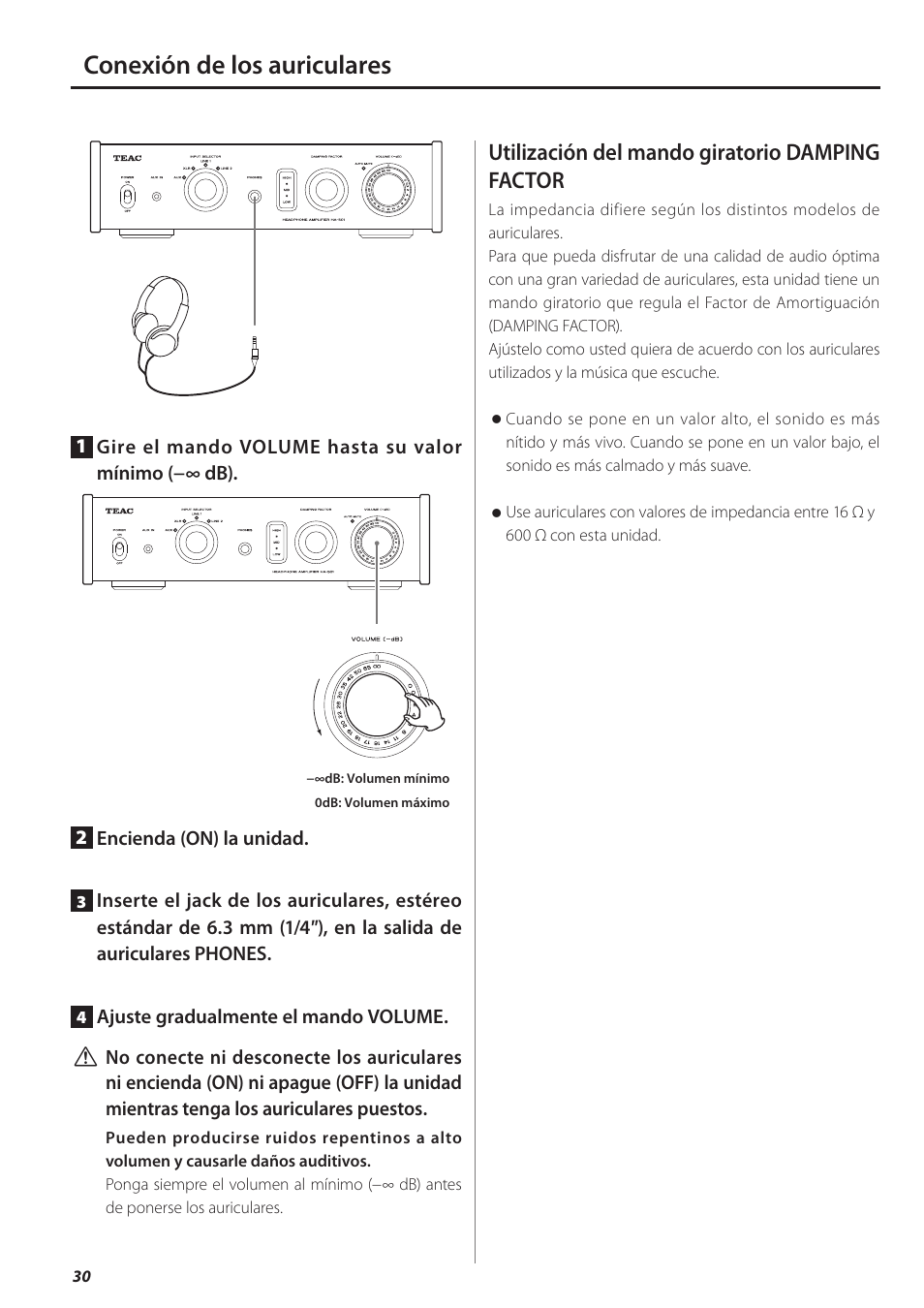 Conexión de los auriculares, A 30, Utilización del mando giratorio damping factor | Teac HA-501 User Manual | Page 30 / 36