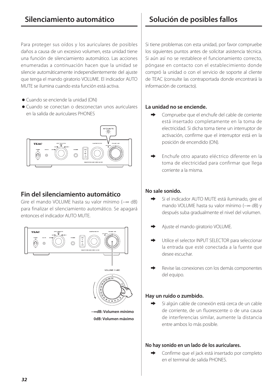 Silenciamiento automático, Solución de posibles fallos, A 32 | Fin del silenciamiento automático | Teac HA-501 User Manual | Page 32 / 36