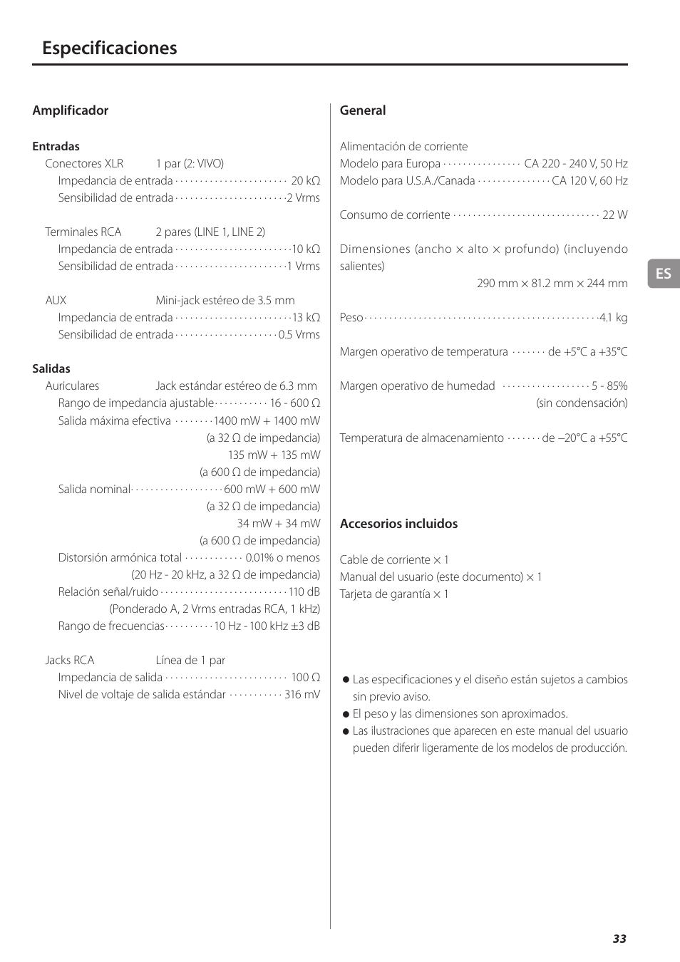 Especificaciones | Teac HA-501 User Manual | Page 33 / 36