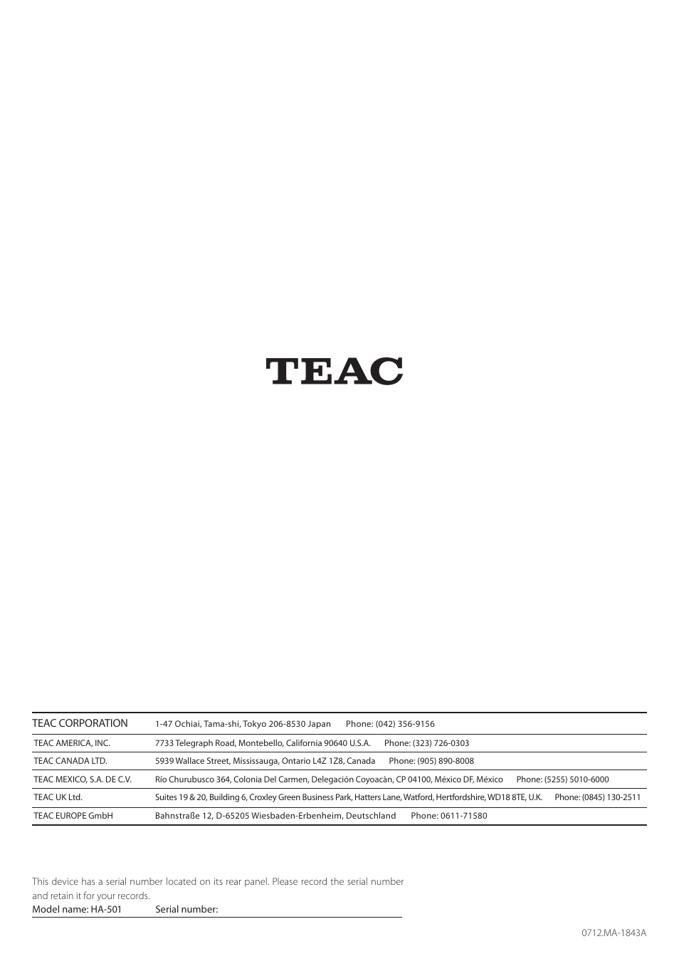 Teac HA-501 User Manual | Page 36 / 36