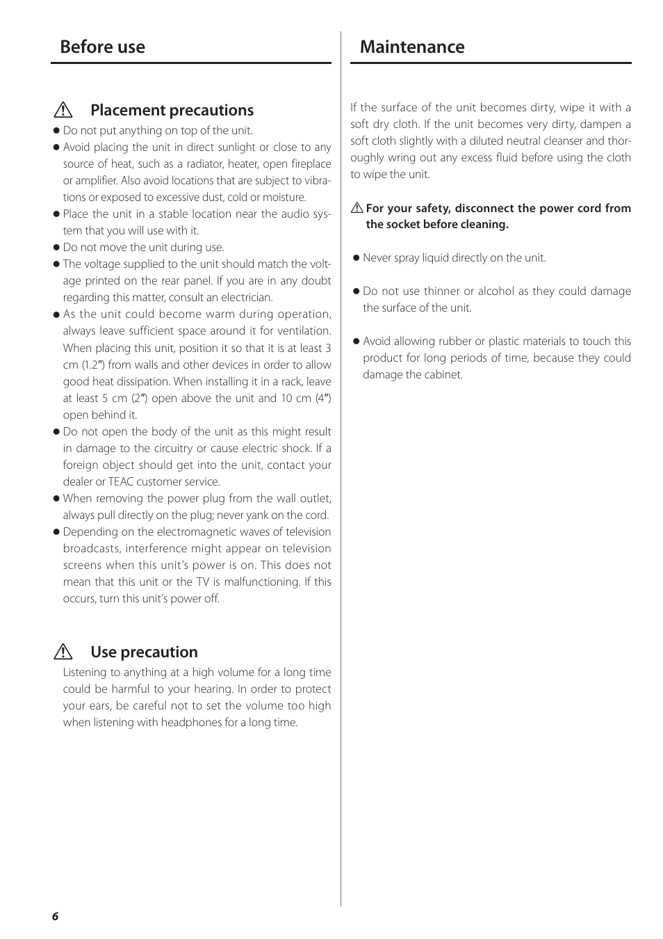 Before use, Maintenance, Before use maintenance | Vplacement precautions, Vuse precaution | Teac HA-501 User Manual | Page 6 / 36