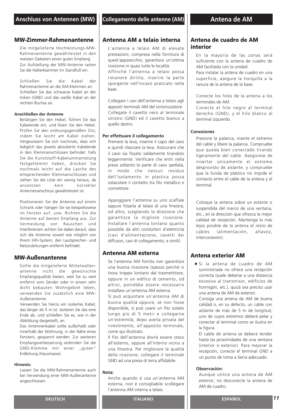 Antena de am, Anschluss von antennen (mw), Antena de cuadro de am interior | Antena exterior am, Mw-zimmer-rahmenantenne, Mw-außenantenne, Antenna am esterna | Teac AG-H300MKIII User Manual | Page 11 / 60