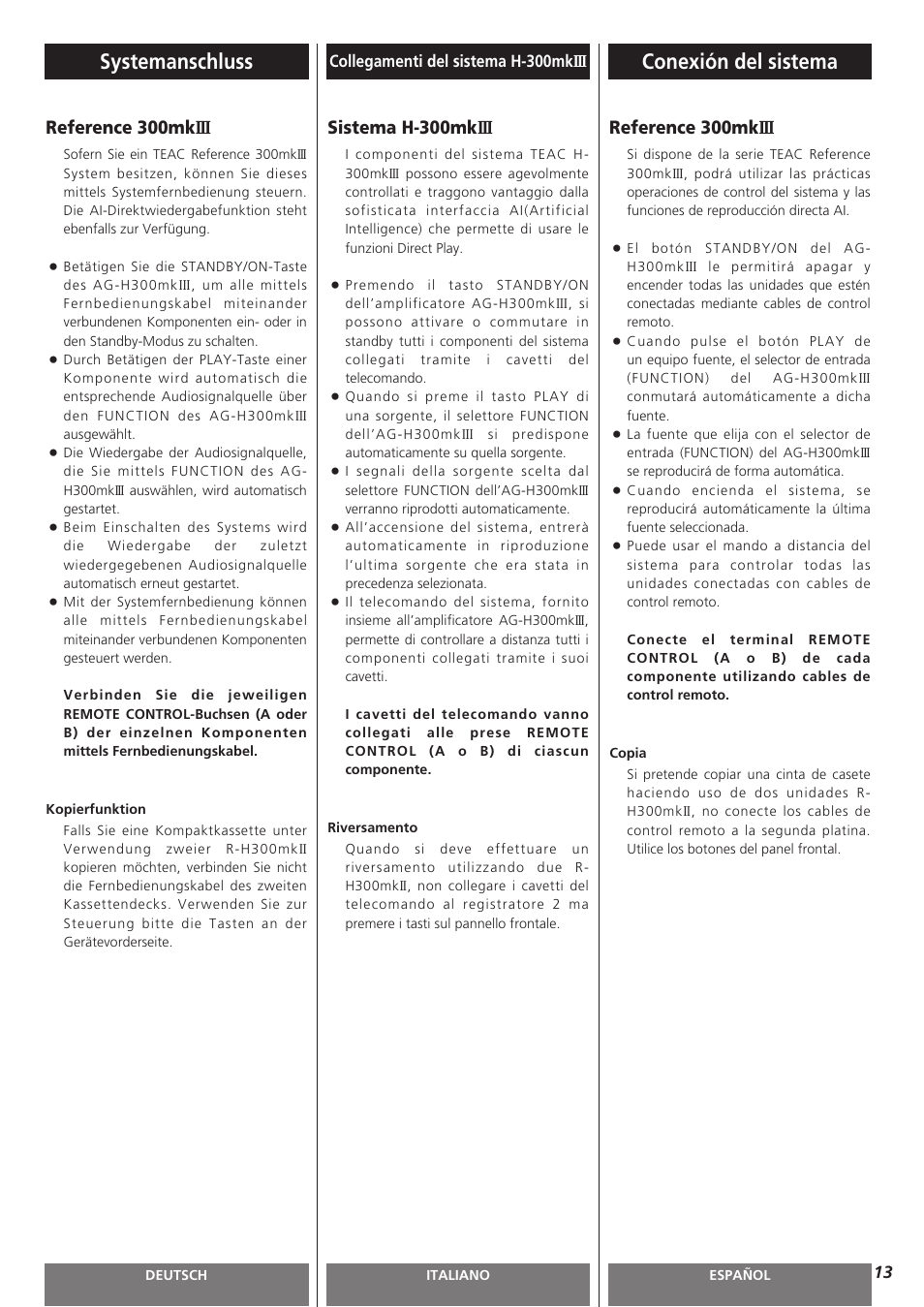 Conexión del sistema, Systemanschluss, Reference 300mk iii | Sistema h-300mk iii | Teac AG-H300MKIII User Manual | Page 13 / 60