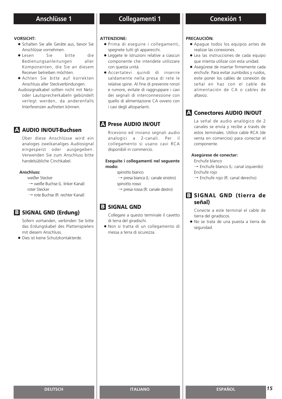 Conexión 1, Anschlüsse 1, Collegamenti 1 | Conectores audio in/out, Signal gnd (tierra de señal), Audio in/out-buchsen, Signal gnd (erdung), Prese audio in/out, Signal gnd | Teac AG-H300MKIII User Manual | Page 15 / 60