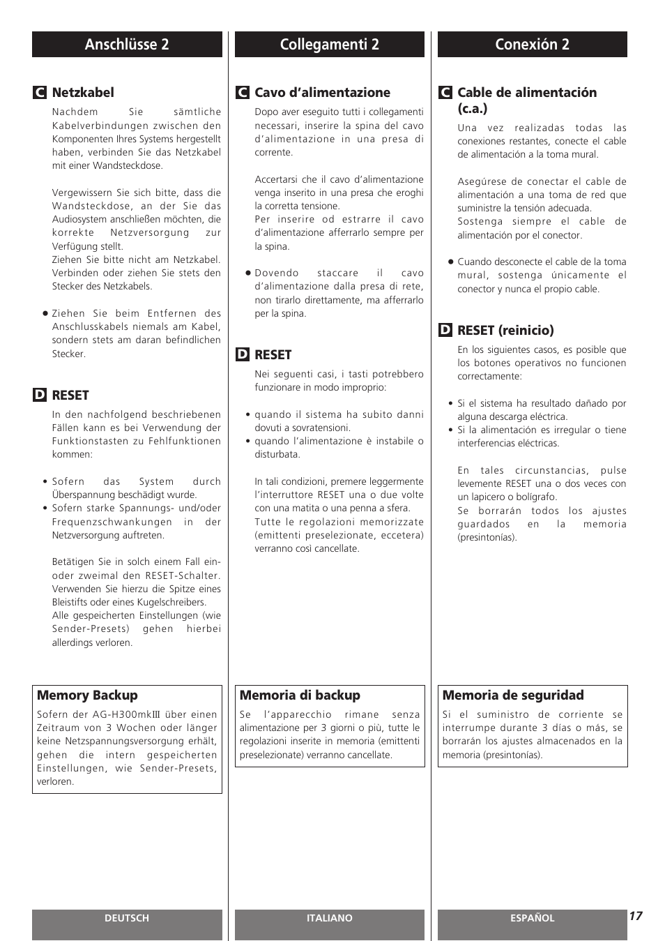 Conexión 2, Anschlüsse 2 collegamenti 2 | Teac AG-H300MKIII User Manual | Page 17 / 60