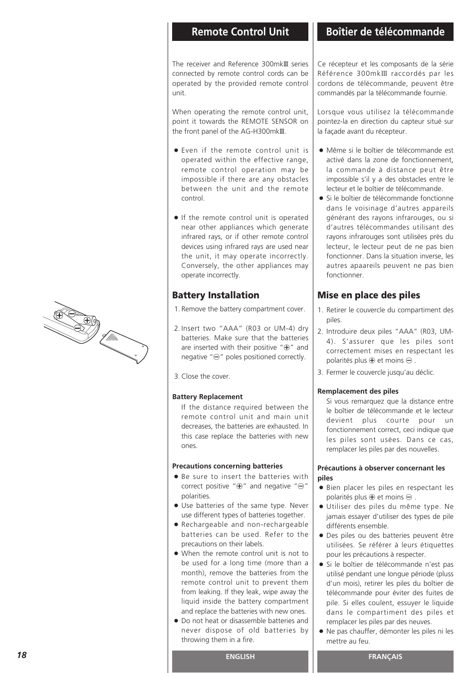 Remote control unit, Boîtier de télécommande, Battery installation | Mise en place des piles | Teac AG-H300MKIII User Manual | Page 18 / 60