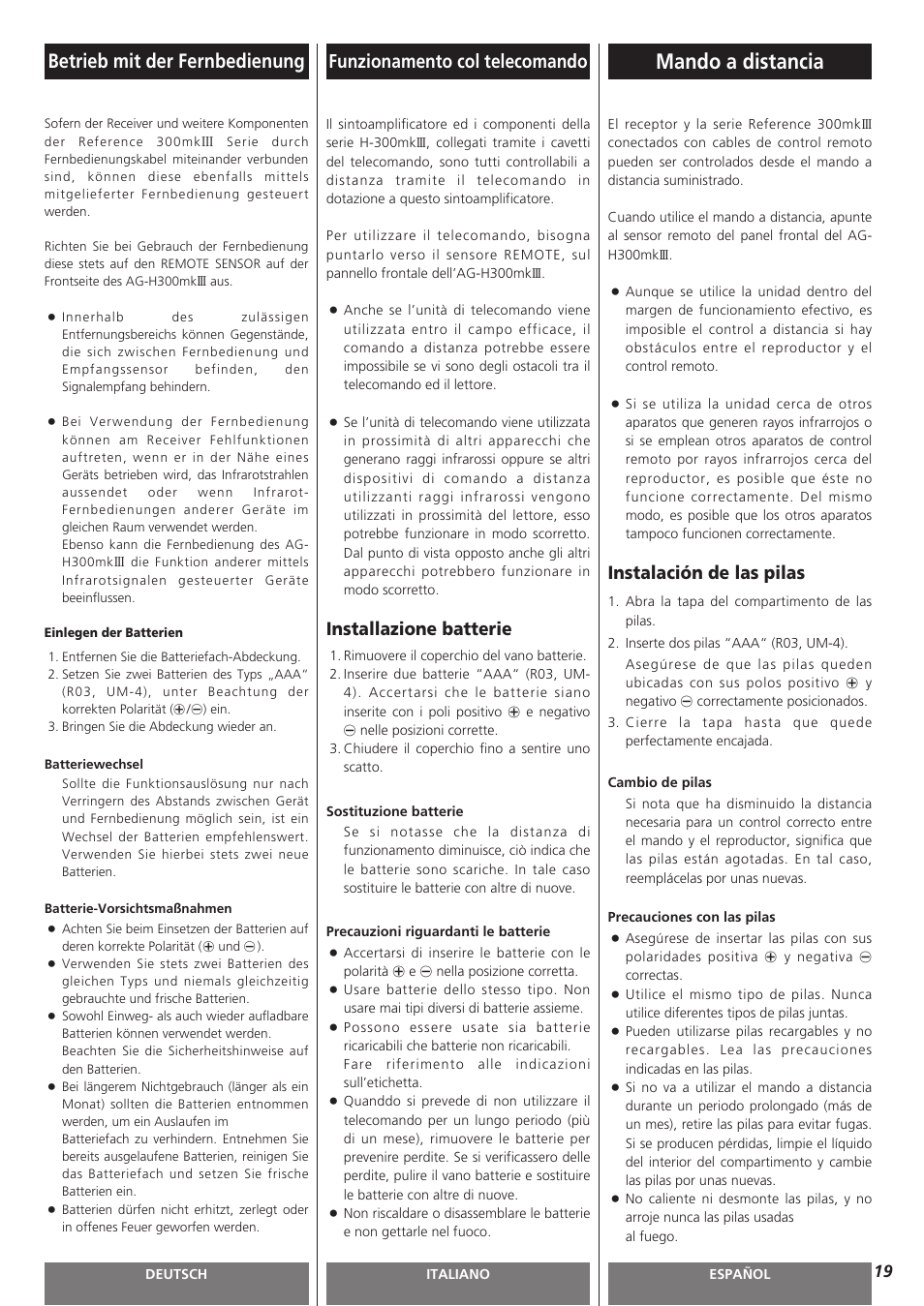 Mando a distancia, Betrieb mit der fernbedienung, Funzionamento col telecomando | Instalación de las pilas, Installazione batterie | Teac AG-H300MKIII User Manual | Page 19 / 60