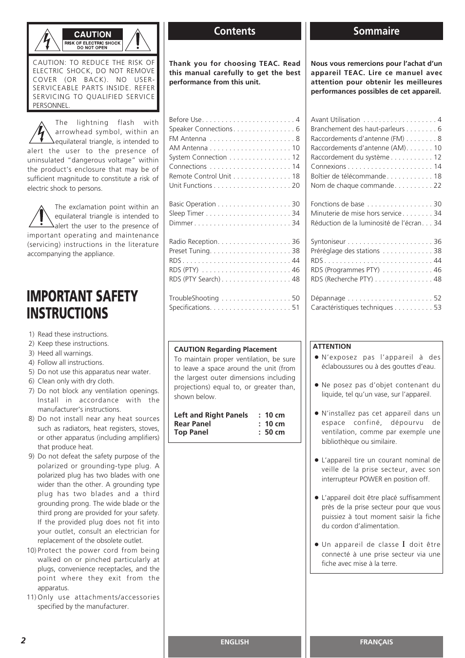 Important safety instructions, Contents sommaire | Teac AG-H300MKIII User Manual | Page 2 / 60