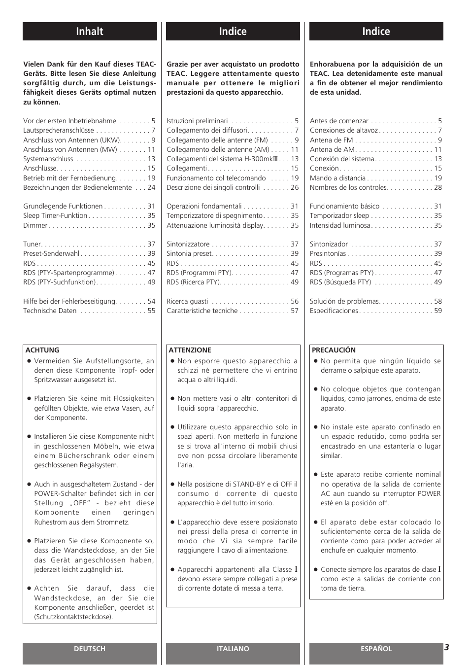 Indice, Inhalt | Teac AG-H300MKIII User Manual | Page 3 / 60