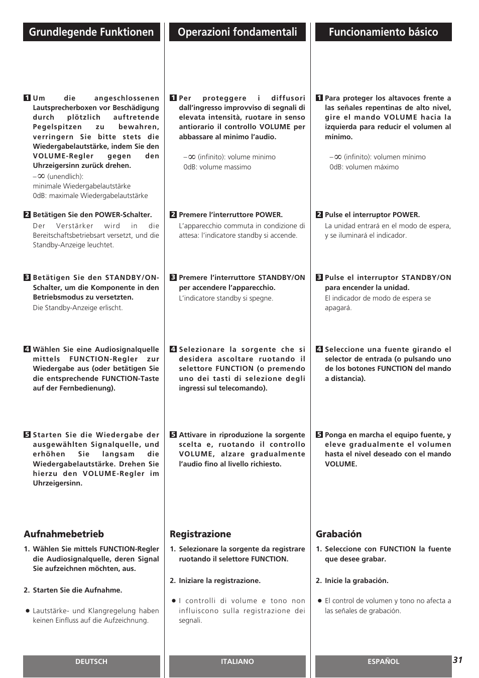 Funcionamiento básico, Grundlegende funktionen, Operazioni fondamentali | Grabación, Aufnahmebetrieb, Registrazione | Teac AG-H300MKIII User Manual | Page 31 / 60