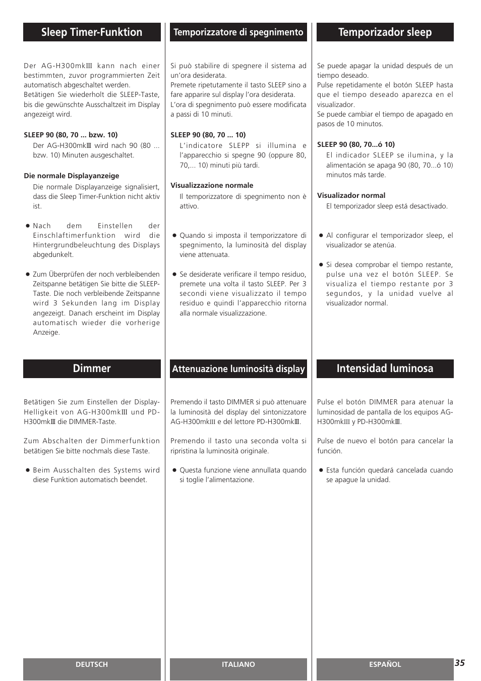 Temporizador sleep, Intensidad luminosa, Sleep timer-funktion | Dimmer, Temporizzatore di spegnimento, Attenuazione luminosità display | Teac AG-H300MKIII User Manual | Page 35 / 60
