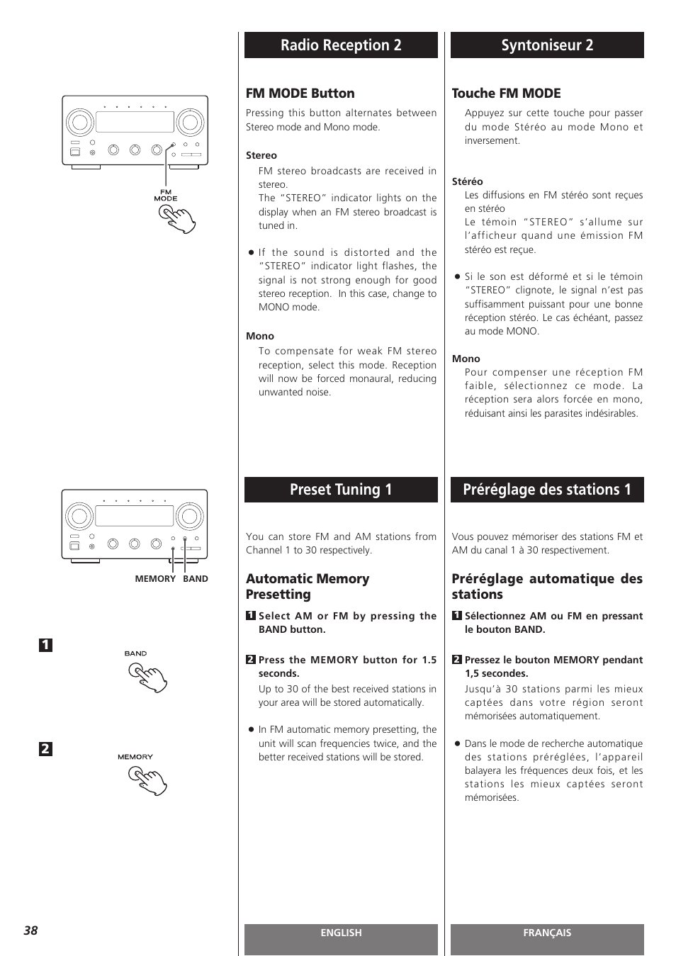 Radio reception 2 syntoniseur 2 preset tuning 1, Préréglage des stations 1, Fm mode button | Touche fm mode, Préréglage automatique des stations | Teac AG-H300MKIII User Manual | Page 38 / 60