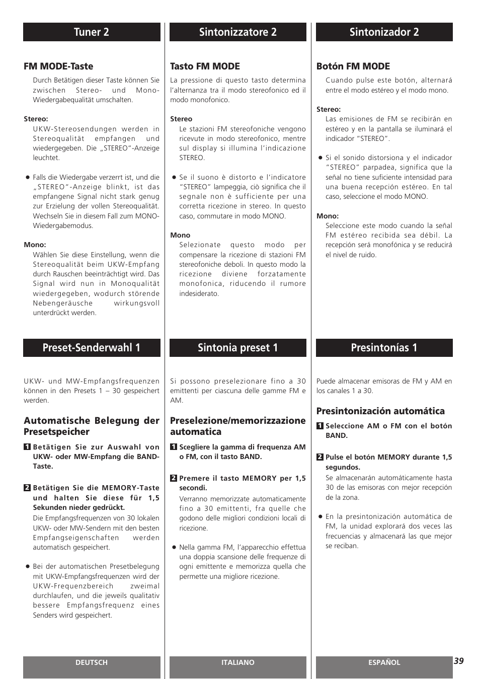 Sintonia preset 1, Presintonías 1, Botón fm mode | Fm mode-taste, Tasto fm mode, Automatische belegung der presetspeicher, Presintonización automática | Teac AG-H300MKIII User Manual | Page 39 / 60