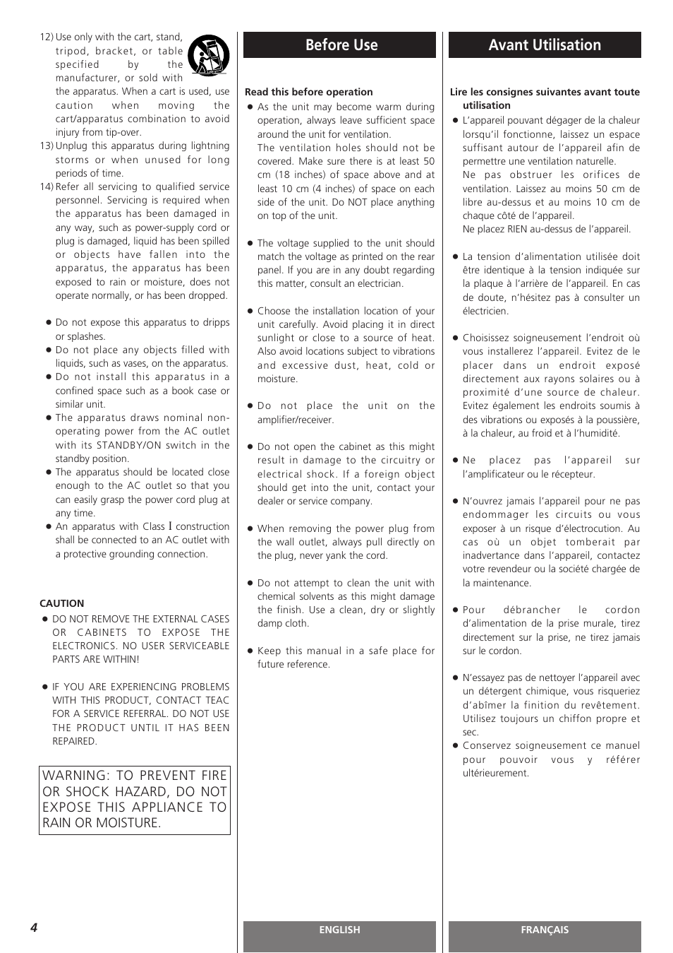 Before use, Avant utilisation | Teac AG-H300MKIII User Manual | Page 4 / 60