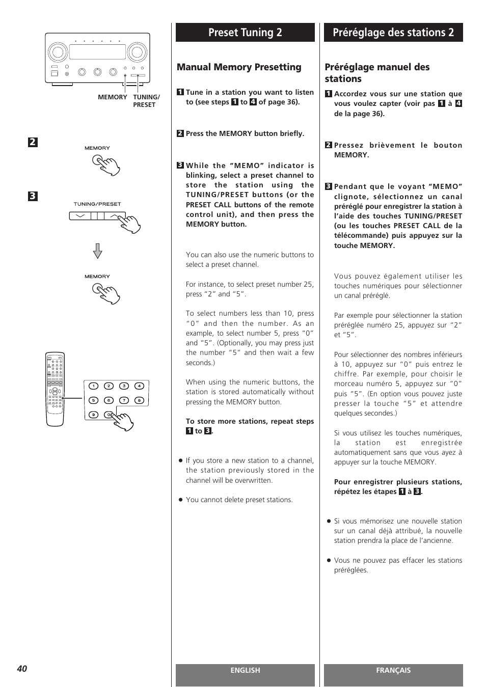 Preset tuning 2, Préréglage des stations 2, Préréglage manuel des stations | Teac AG-H300MKIII User Manual | Page 40 / 60