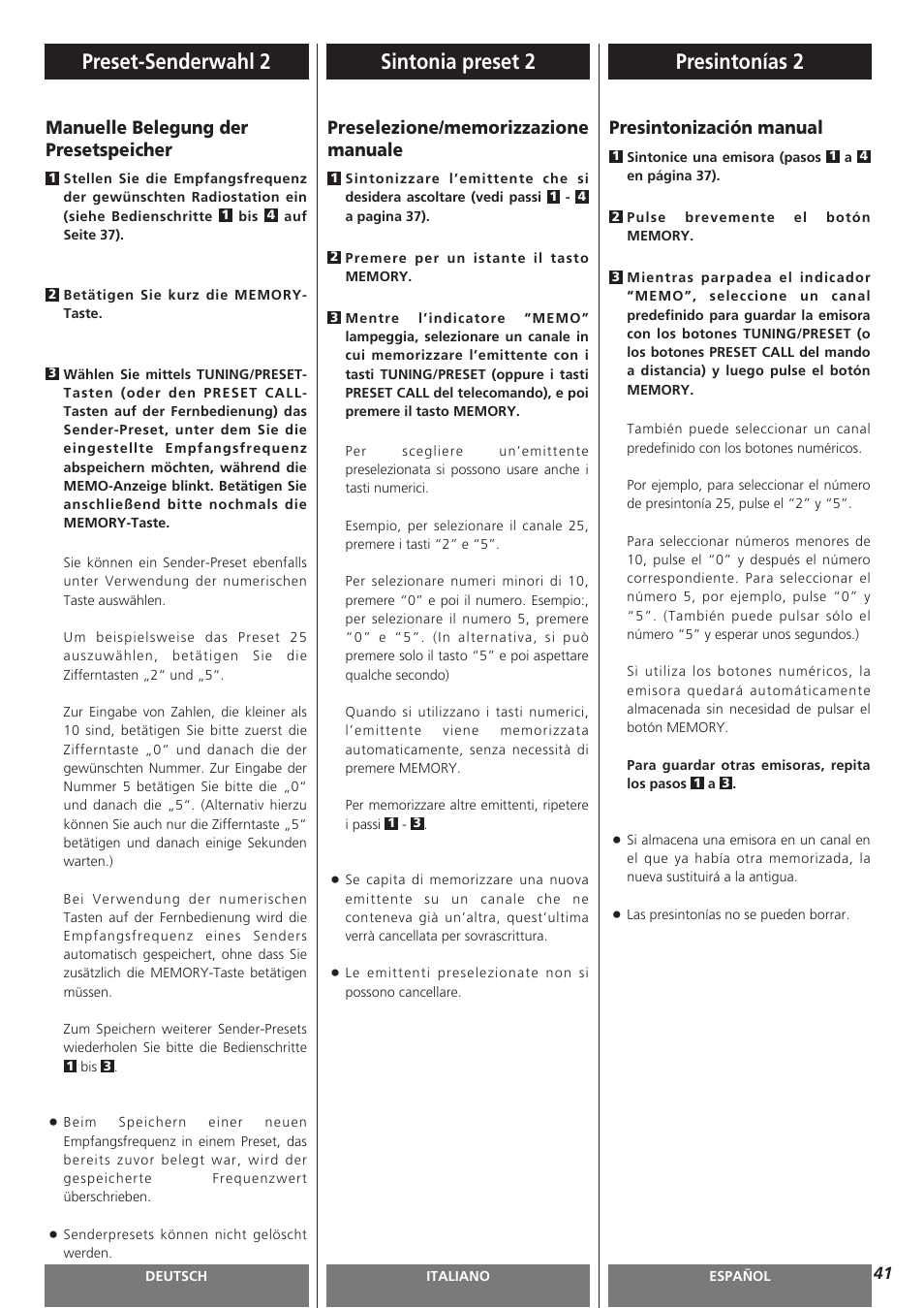 Preset-senderwahl 2, Sintonia preset 2, Presintonías 2 | Manuelle belegung der presetspeicher, Presintonización manual | Teac AG-H300MKIII User Manual | Page 41 / 60