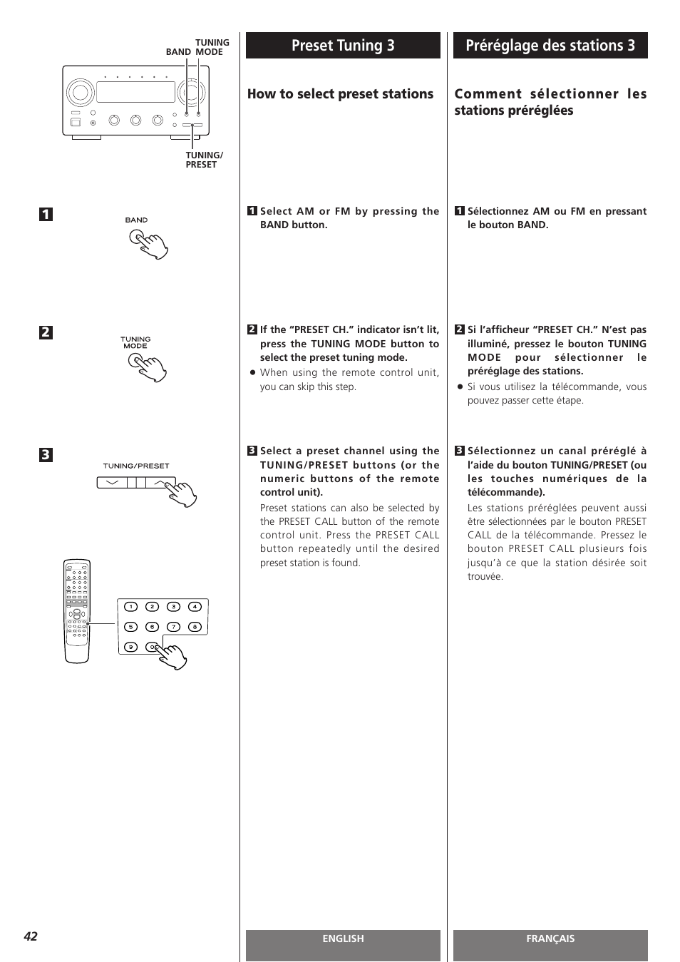 Preset tuning 3 préréglage des stations 3, How to select preset stations, Comment sélectionner les stations préréglées | Teac AG-H300MKIII User Manual | Page 42 / 60