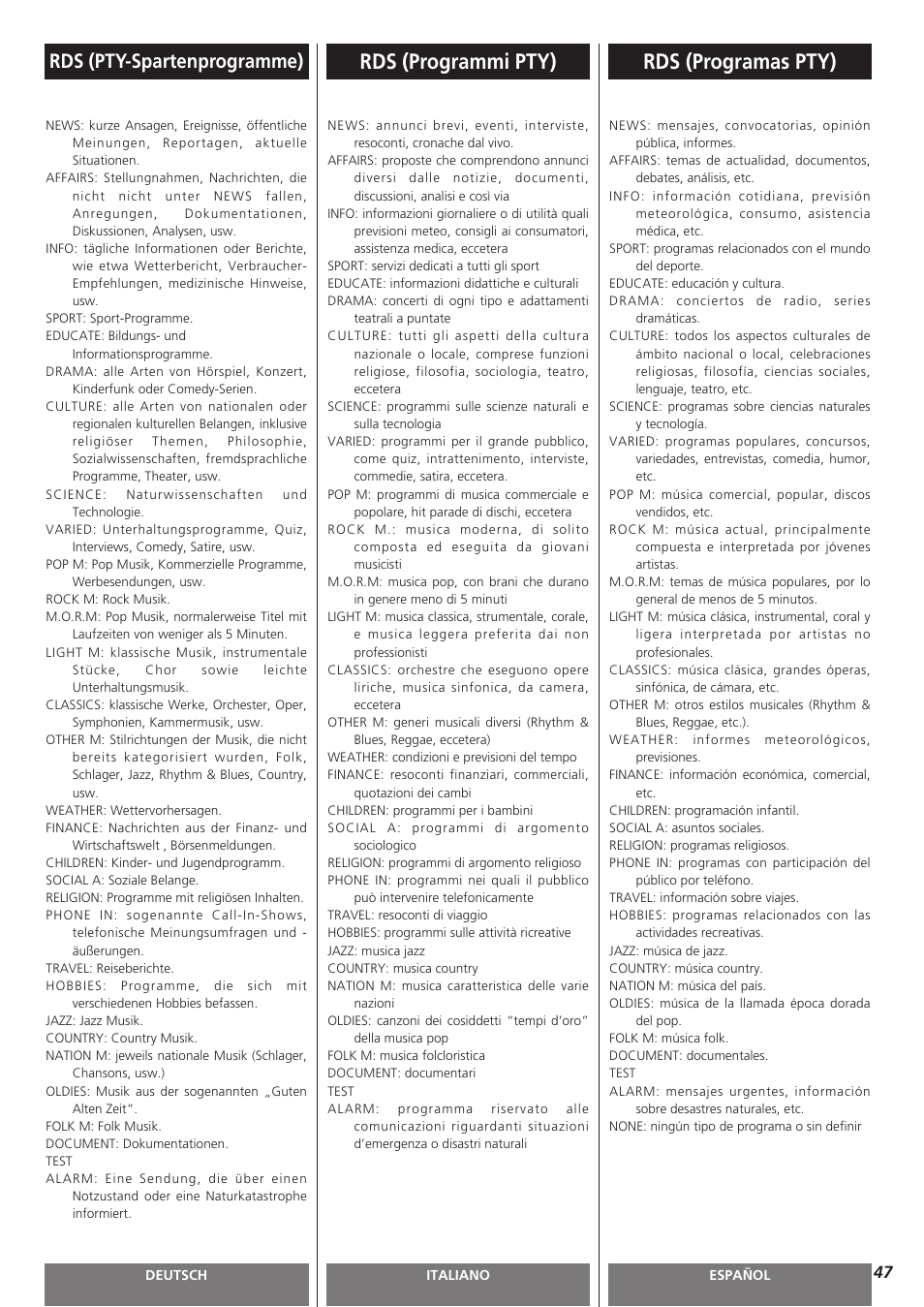 Rds (programas pty), Rds (programmi pty), Rds (pty-spartenprogramme) | Teac AG-H300MKIII User Manual | Page 47 / 60