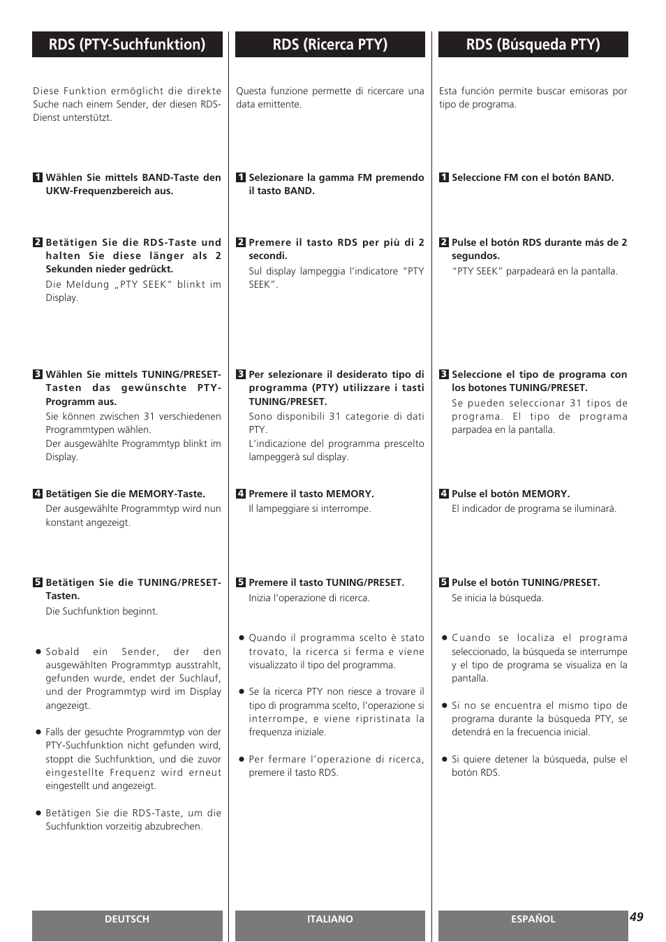 Rds (pty-suchfunktion), Rds (ricerca pty), Rds (búsqueda pty) | Teac AG-H300MKIII User Manual | Page 49 / 60