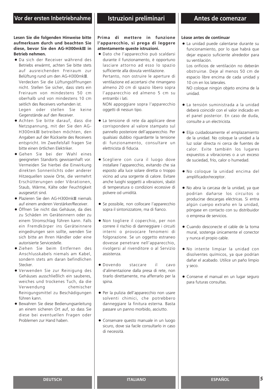 Antes de comenzar, Istruzioni preliminari, Vor der ersten inbetriebnahme | Teac AG-H300MKIII User Manual | Page 5 / 60