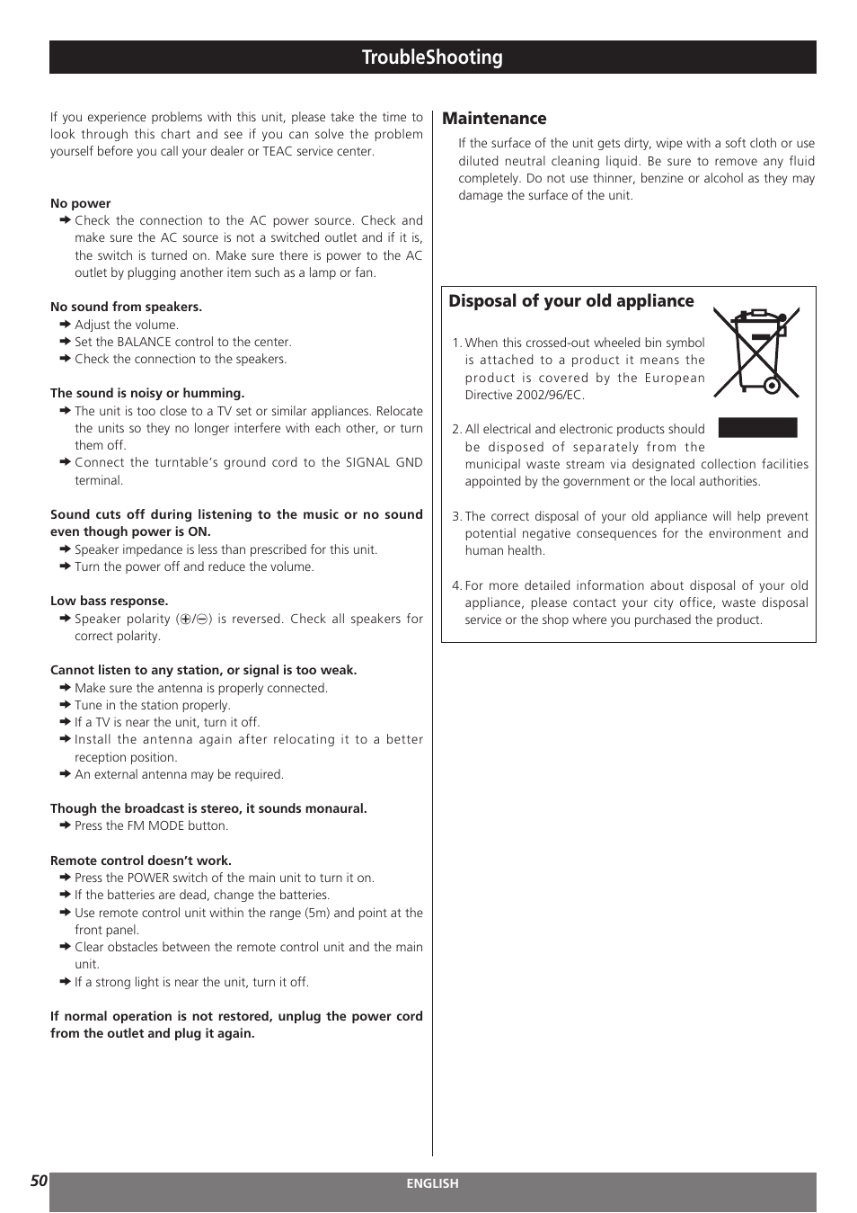 Troubleshooting, Maintenance, Disposal of your old appliance | Teac AG-H300MKIII User Manual | Page 50 / 60