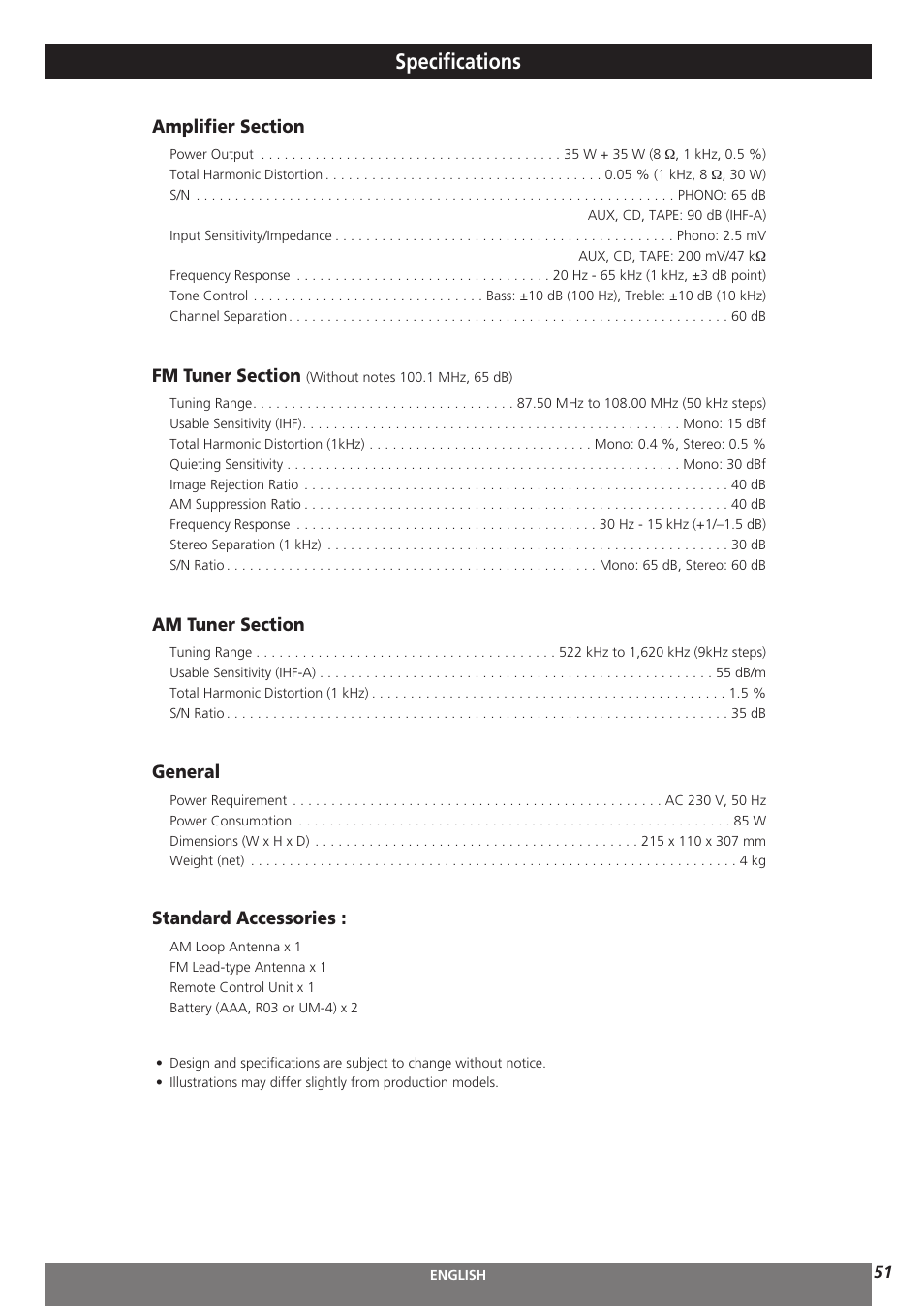 Specifications, General, Standard accessories | Teac AG-H300MKIII User Manual | Page 51 / 60