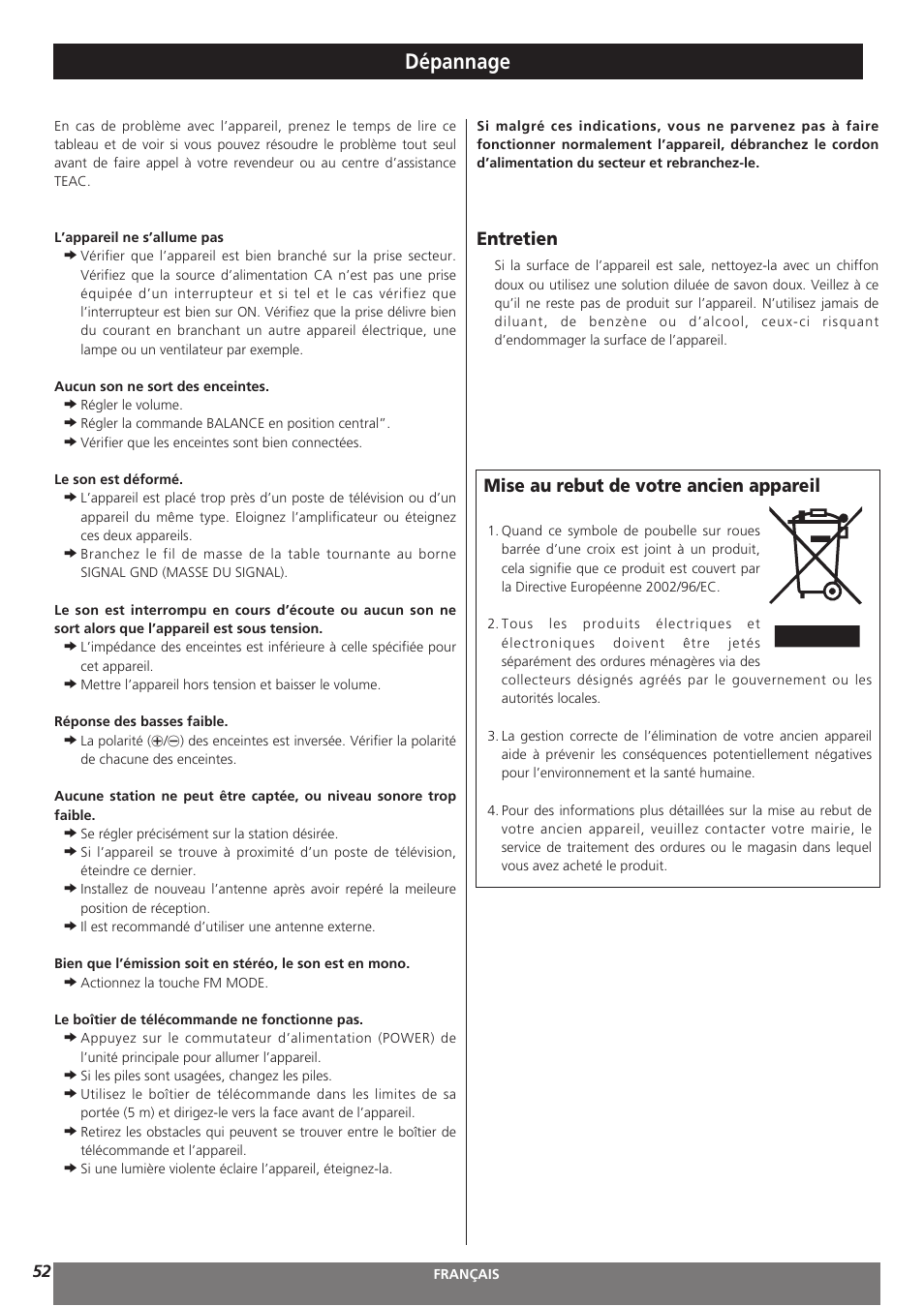 Dépannage, Entretien, Mise au rebut de votre ancien appareil | Teac AG-H300MKIII User Manual | Page 52 / 60