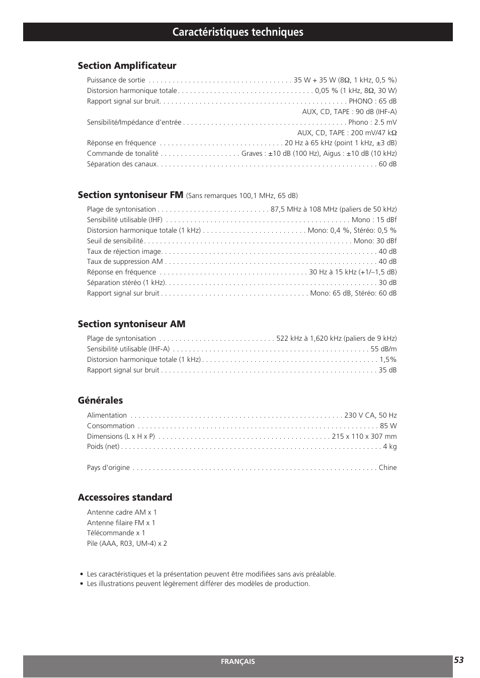 Caractéristiques techniques, Générales, Accessoires standard | Teac AG-H300MKIII User Manual | Page 53 / 60