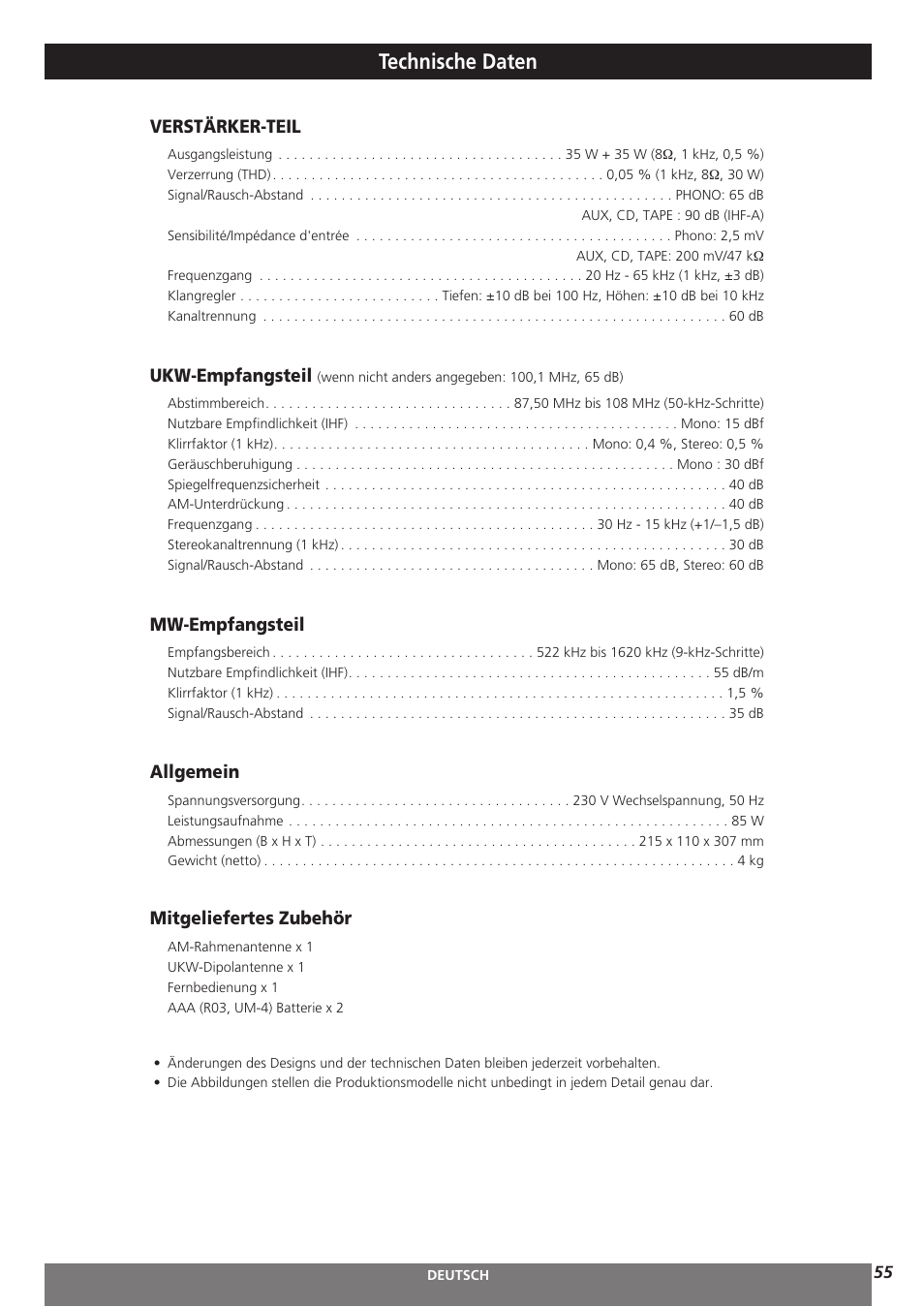 Technische daten, Verstärker-teil, Ukw-empfangsteil | Mw-empfangsteil, Allgemein, Mitgeliefertes zubehör | Teac AG-H300MKIII User Manual | Page 55 / 60