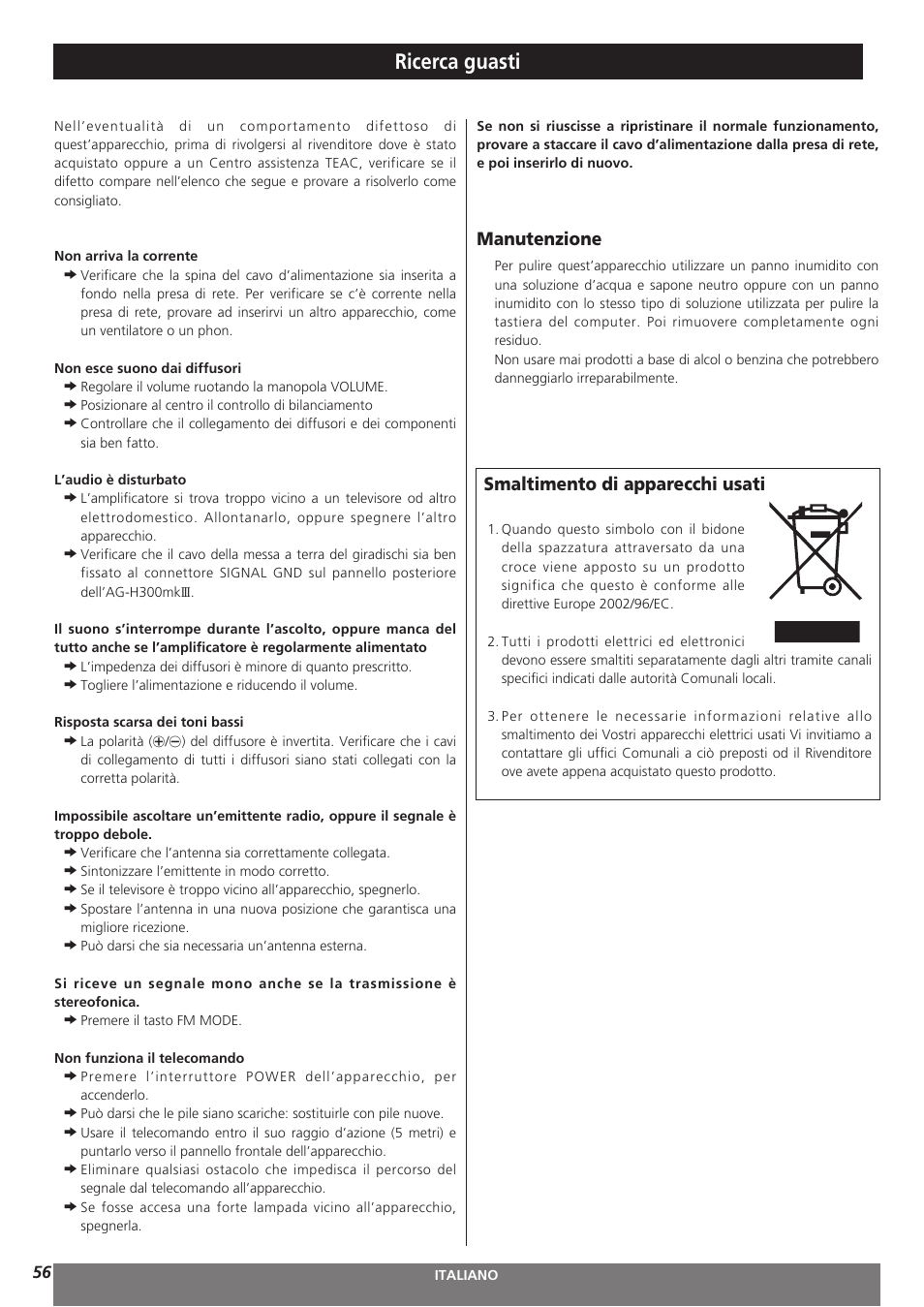 Ricerca guasti, Manutenzione, Smaltimento di apparecchi usati | Teac AG-H300MKIII User Manual | Page 56 / 60