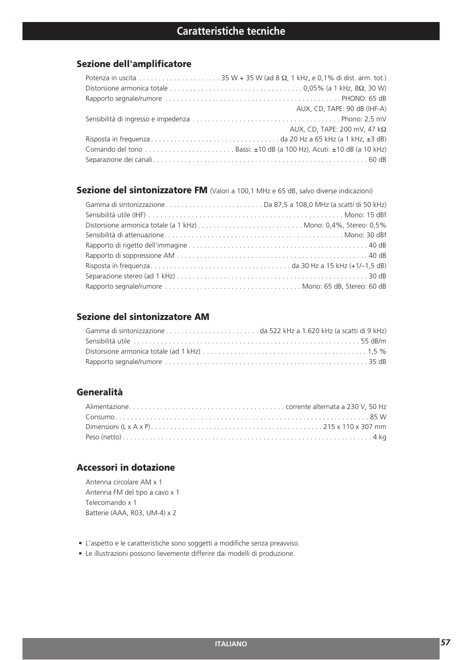 Caratteristiche tecniche, Sezione dell'amplificatore, Sezione del sintonizzatore fm | Sezione del sintonizzatore am, Generalità, Accessori in dotazione | Teac AG-H300MKIII User Manual | Page 57 / 60